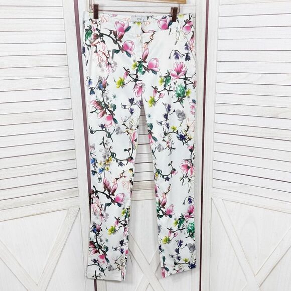 OVI Floral Cotton Mid Rise Ankle Skinny Pants White Multi Small - Picture 1 of 12